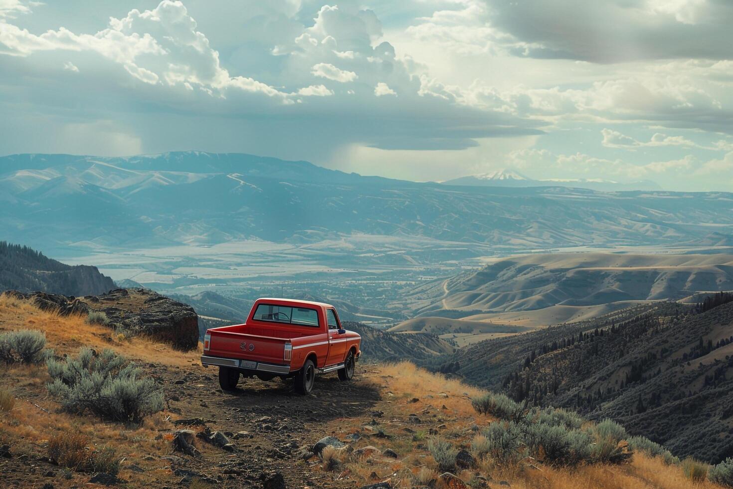 Strength Pickup truck parked at rugged mountain peak with expansives of valleys and distant mountain ranges photo