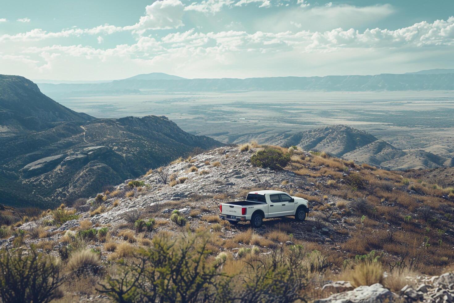 Strength Pickup truck parked at rugged mountain peak with expansives of valleys and distant mountain ranges photo