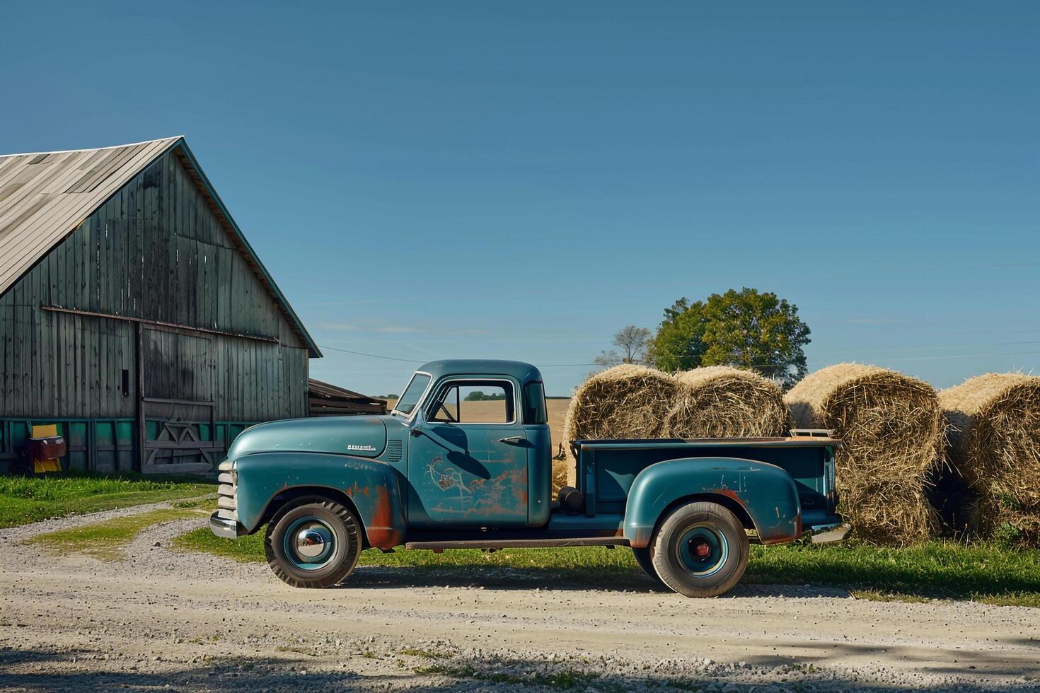 Strength Pickup truck parked on farm with haystacks and barn in the background under clear blue sky photo