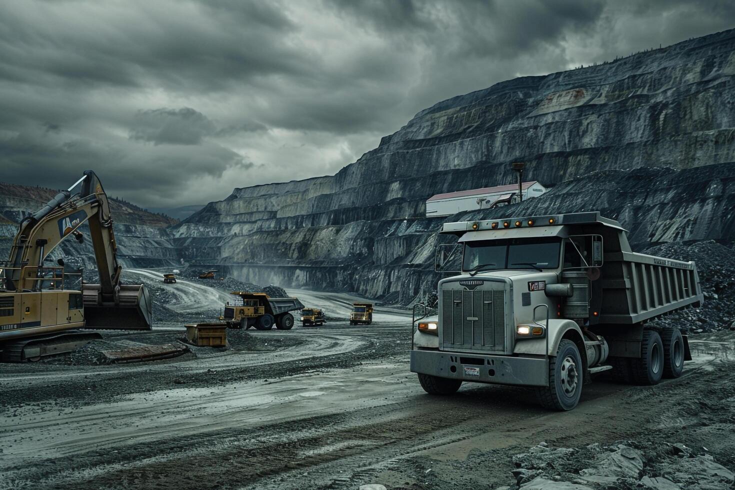 Strength Heavy duty truck parked at mining site with large machinery and rocky terrain in the background under cloudy sky photo
