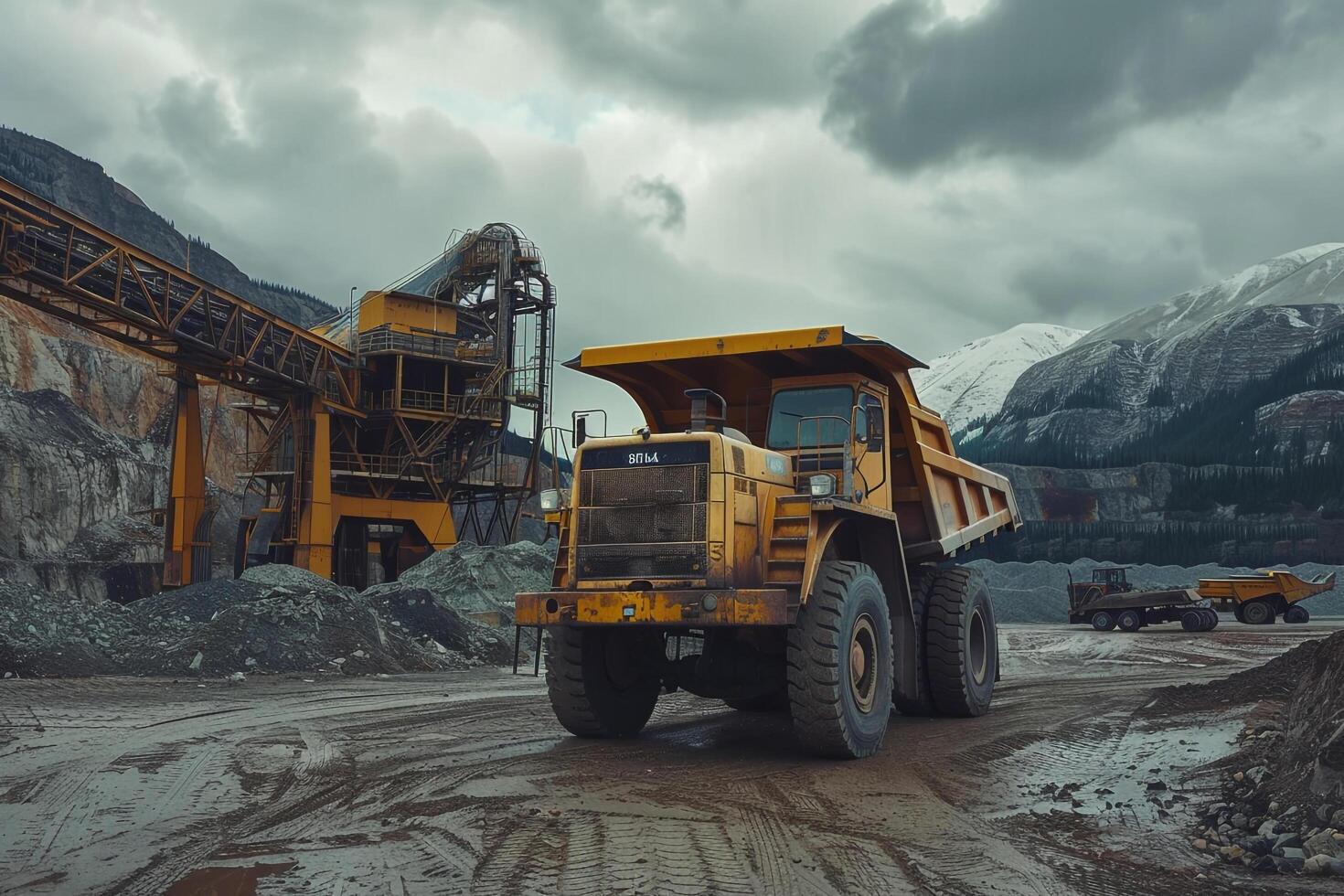 Strength Heavy duty truck parked at mining site with large machinery and rocky terrain in the background under cloudy sky photo