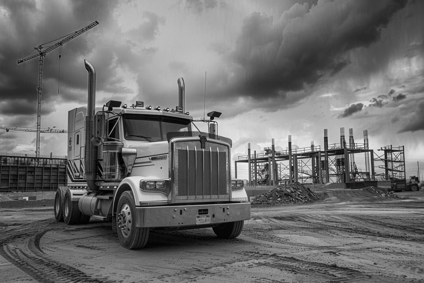 Strength Heavy duty truck parked at construction site with cranes and steel structures in the background against cloudy sky photo