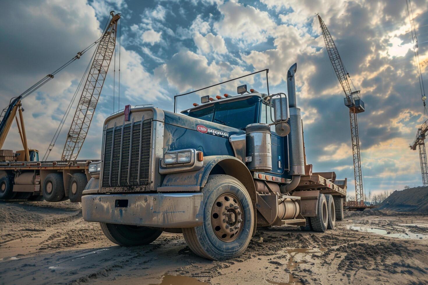 Strength Heavy duty truck parked at construction site with cranes and steel structures in the background against cloudy sky photo