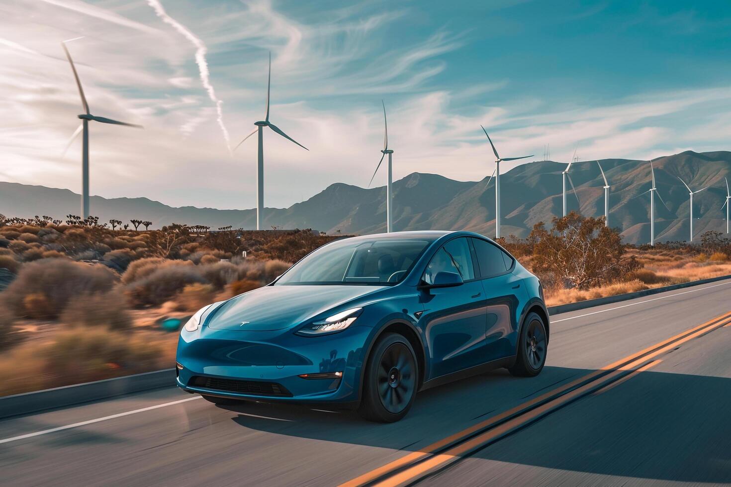 Sustainability Electric vehicle EV driving on scenic highway with wind turbines in the background emphasizing ecofriendly transportation photo