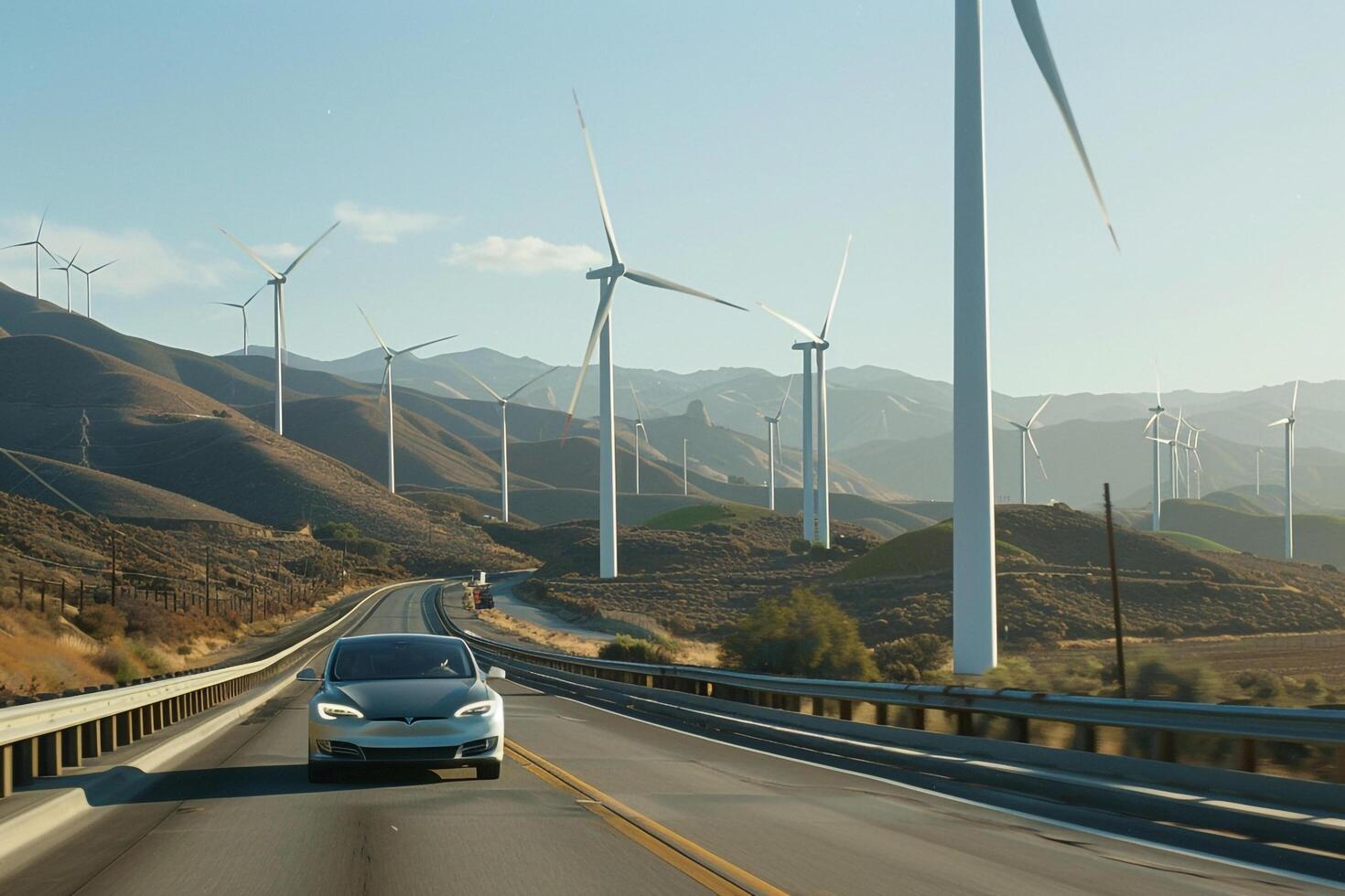 Technology Mid size hybrid car driving on highway with wind turbines generating renewable energy in the background photo