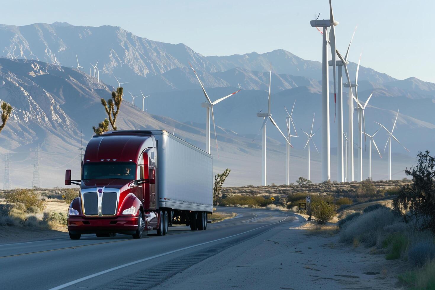 Sustainability Hybrid truck driving on scenic coastal highway with wind turbines in the background emphasizing its ecofriendly transportation role photo