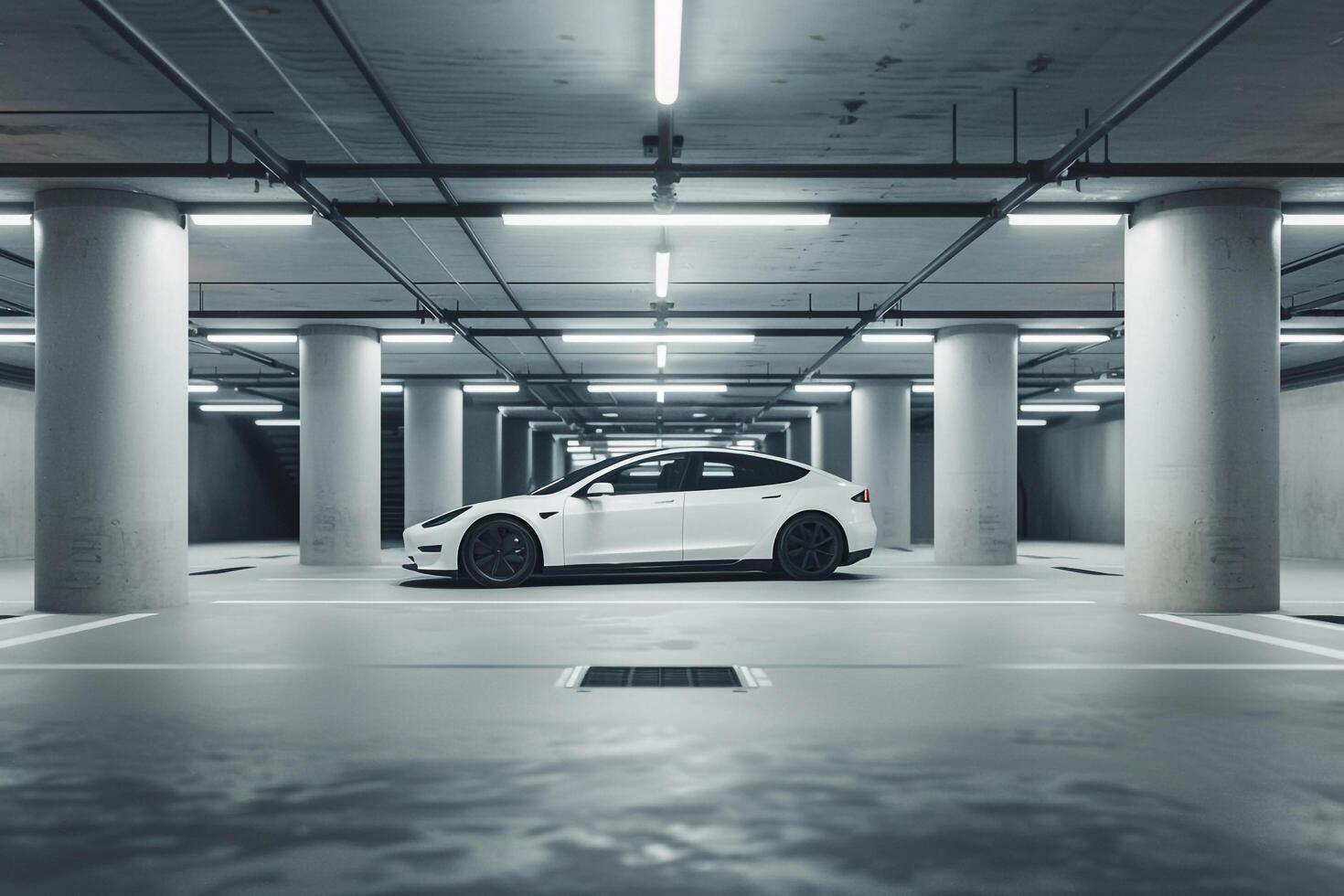 Urban New electric car parked in sleek underground parking garage with lighting and minimalistic design photo