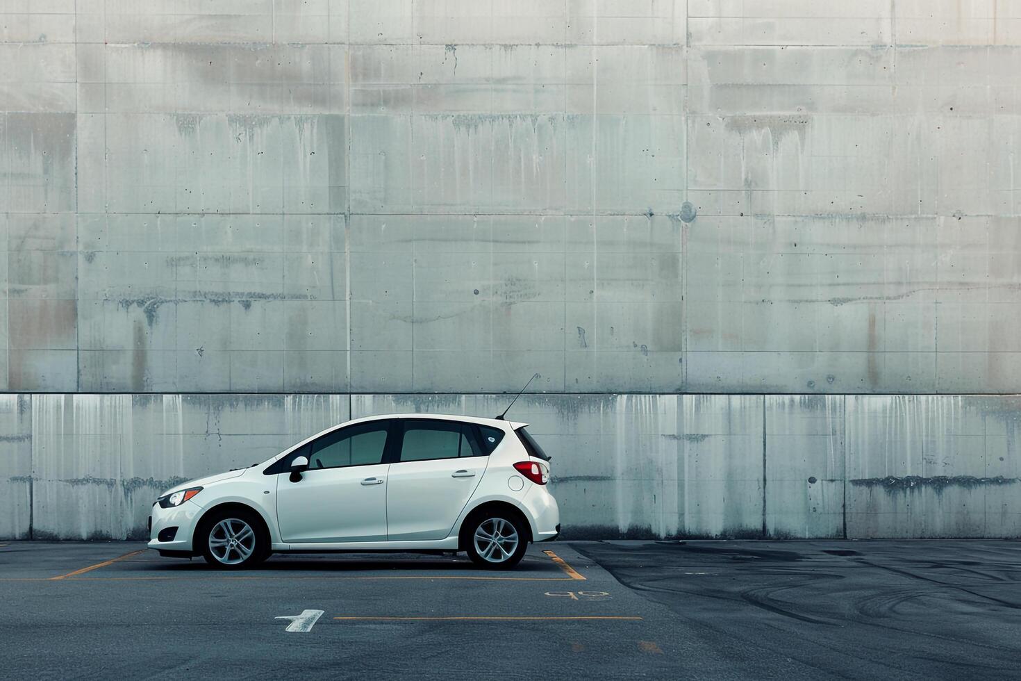 Urban Subcompact hatchback parked in minimalist urban parking lot with concrete walls and  ambient lighting photo