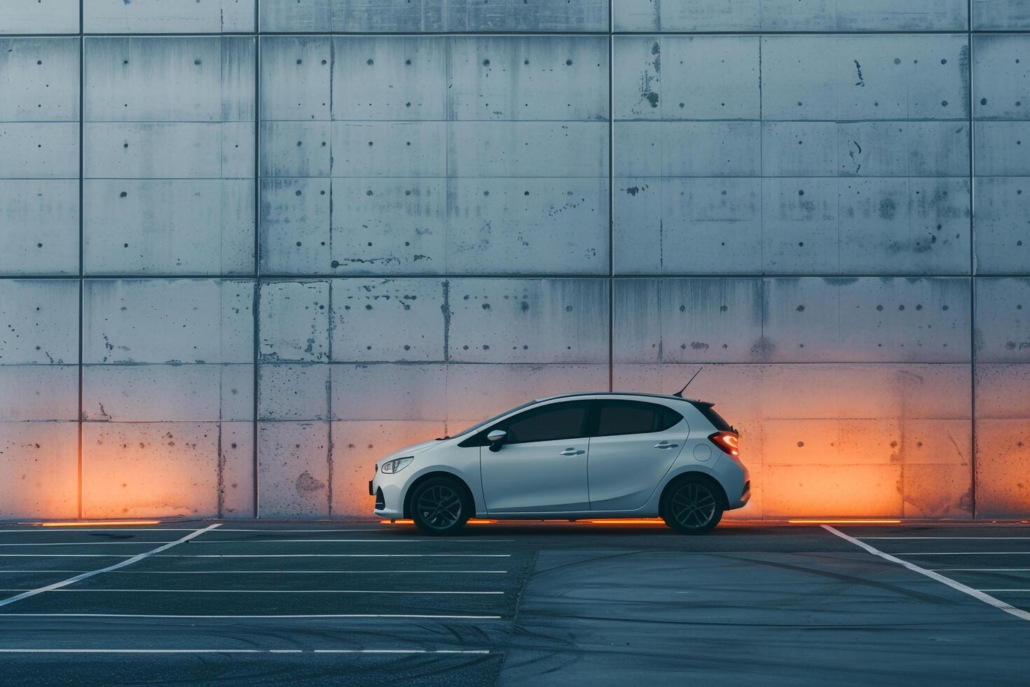Urban Subcompact hatchback parked in minimalist urban parking lot with concrete walls and  ambient lighting photo