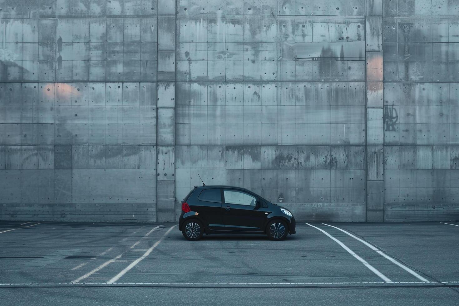Urban Subcompact hatchback parked in minimalist urban parking lot with concrete walls and  ambient lighting photo