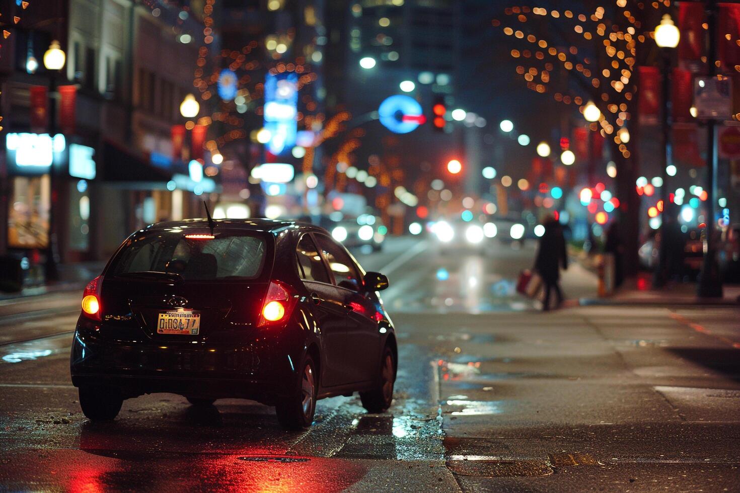 Urban Subcompact sedan parked in busy city street with pedestrians walking on the sidewalk and city lights at night photo