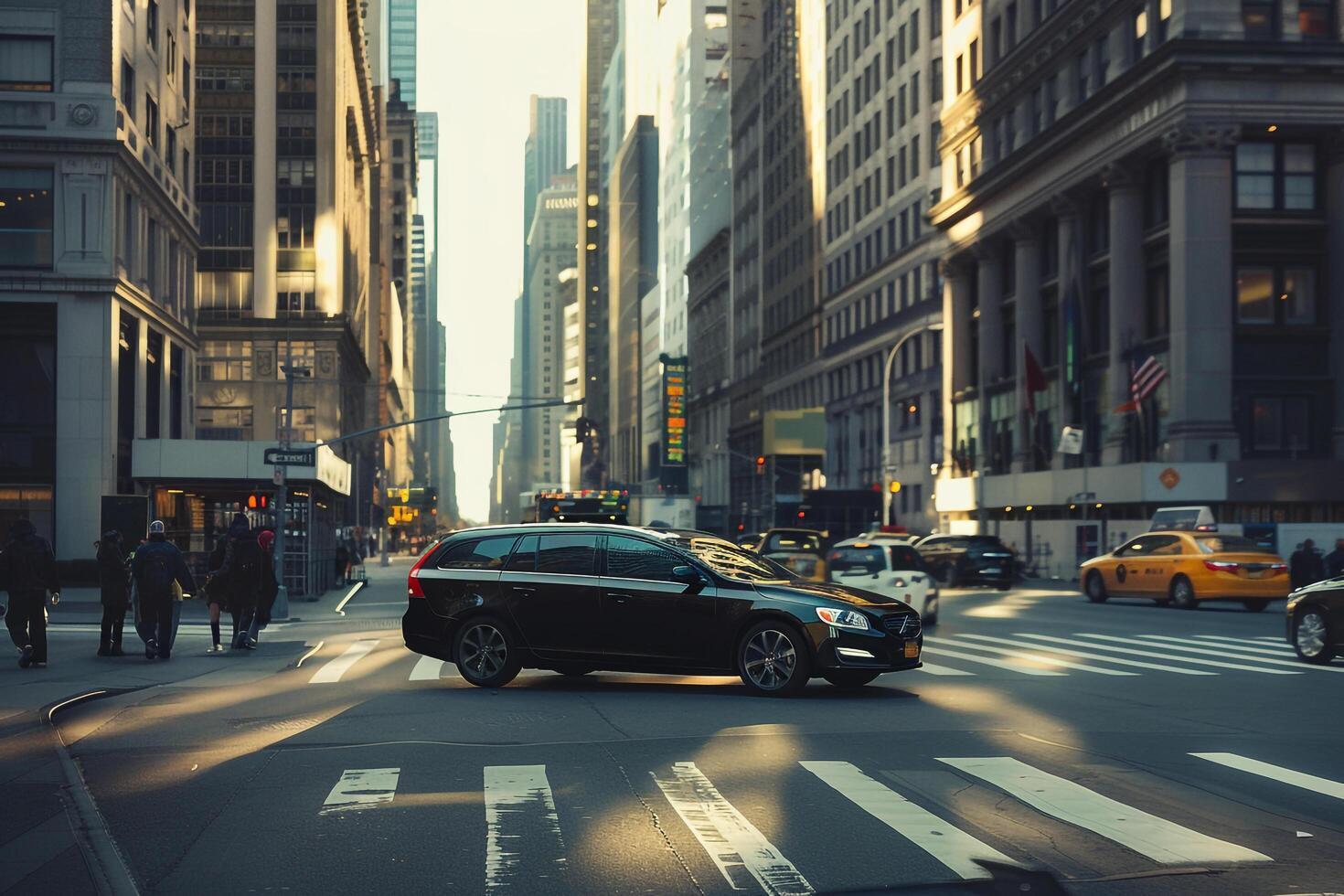 Urban Compact wagon driving through bustling city street with skyscrapers and pedestrians in the background photo