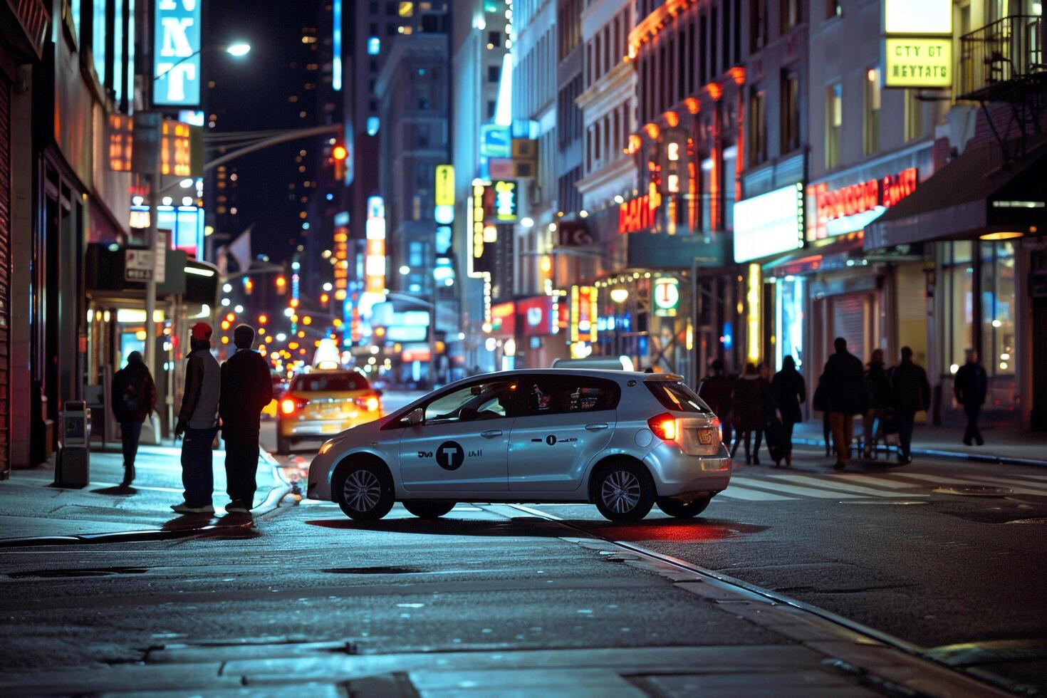 Urban Subcompact sedan parked in busy city street with pedestrians walking on the sidewalk and city lights at night photo