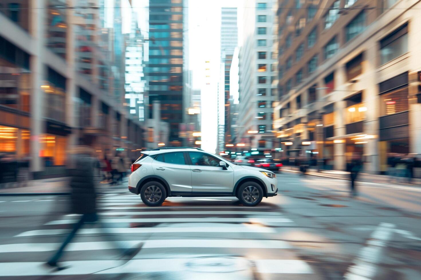 Urban Subcompact SUV driving through busy city street with pedestrians crossing at crosswalk and tall buildings in the background photo