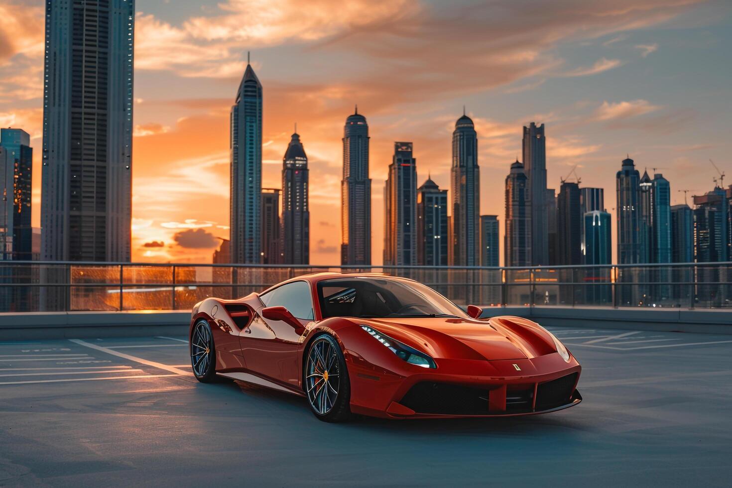 Urban Sports car parked on rooftop parking lot with skyscrapers in the background during sunset photo