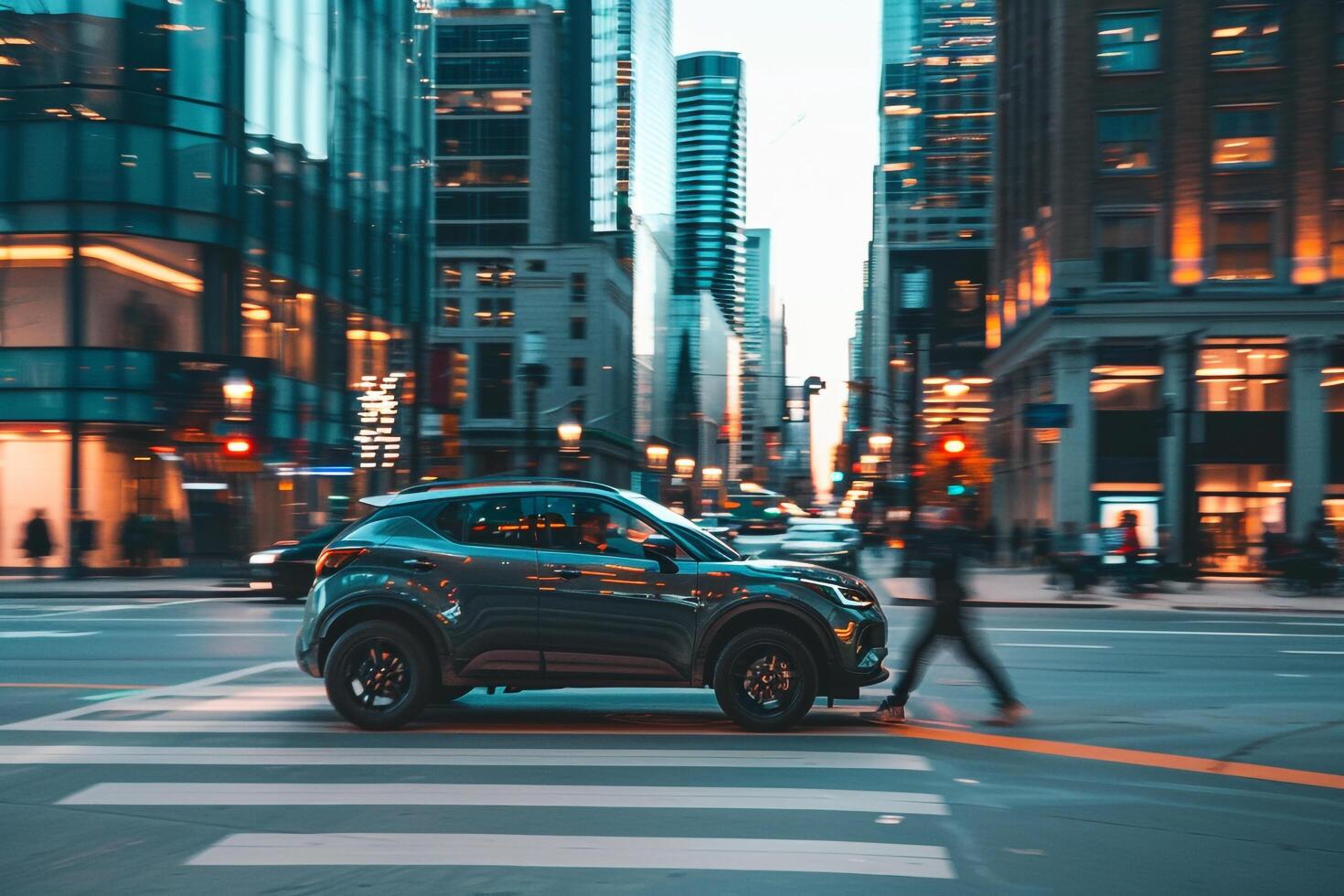 Urban Subcompact SUV driving through busy city street with pedestrians crossing at crosswalk and tall buildings in the background photo