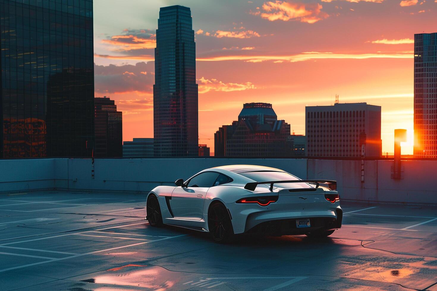 Urban Sports car parked on rooftop parking lot with skyscrapers in the background during sunset photo