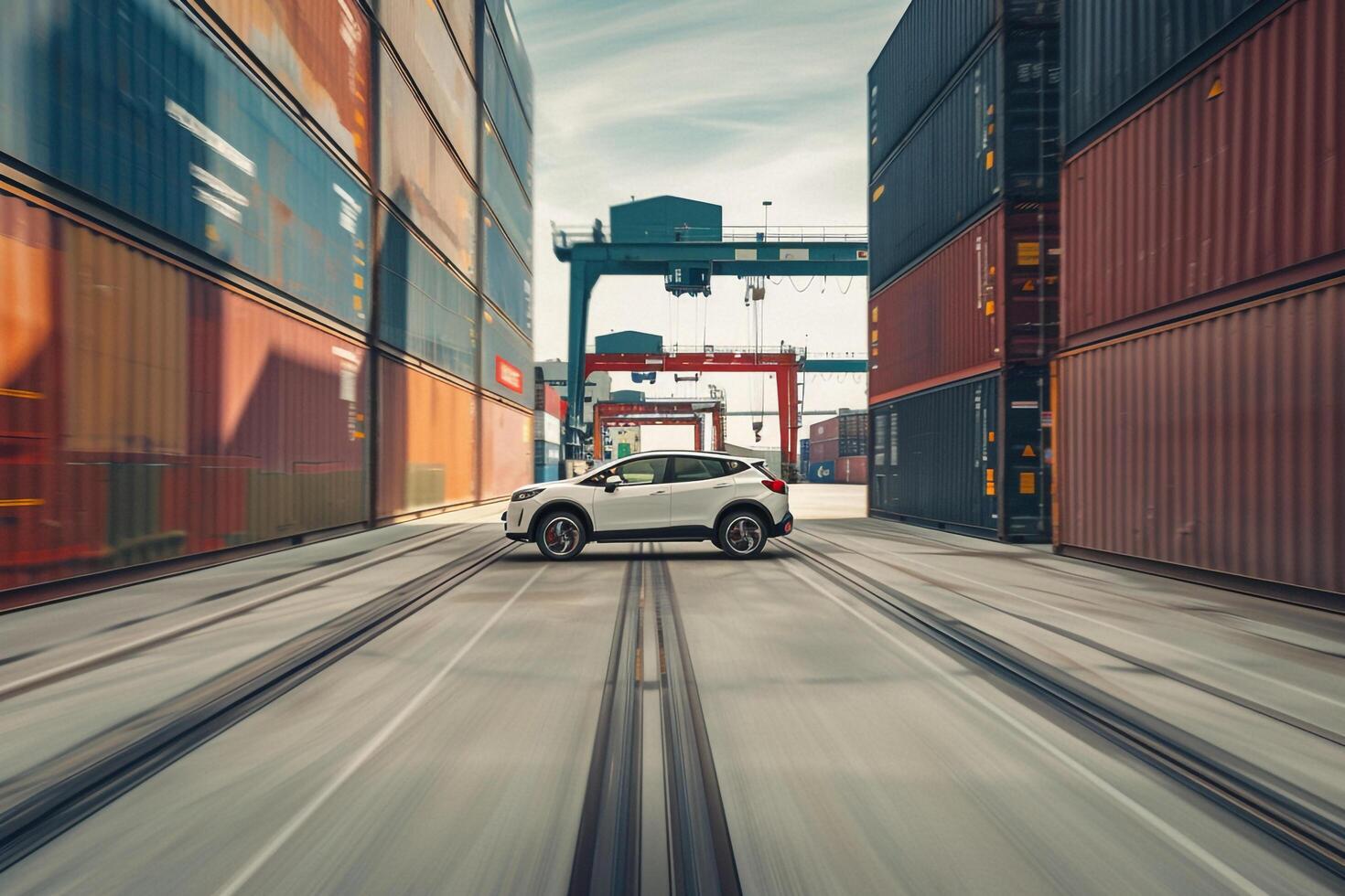 Urban Subcompact SUV driving through modern industrial district with warehouses and shipping containers lining the streets photo