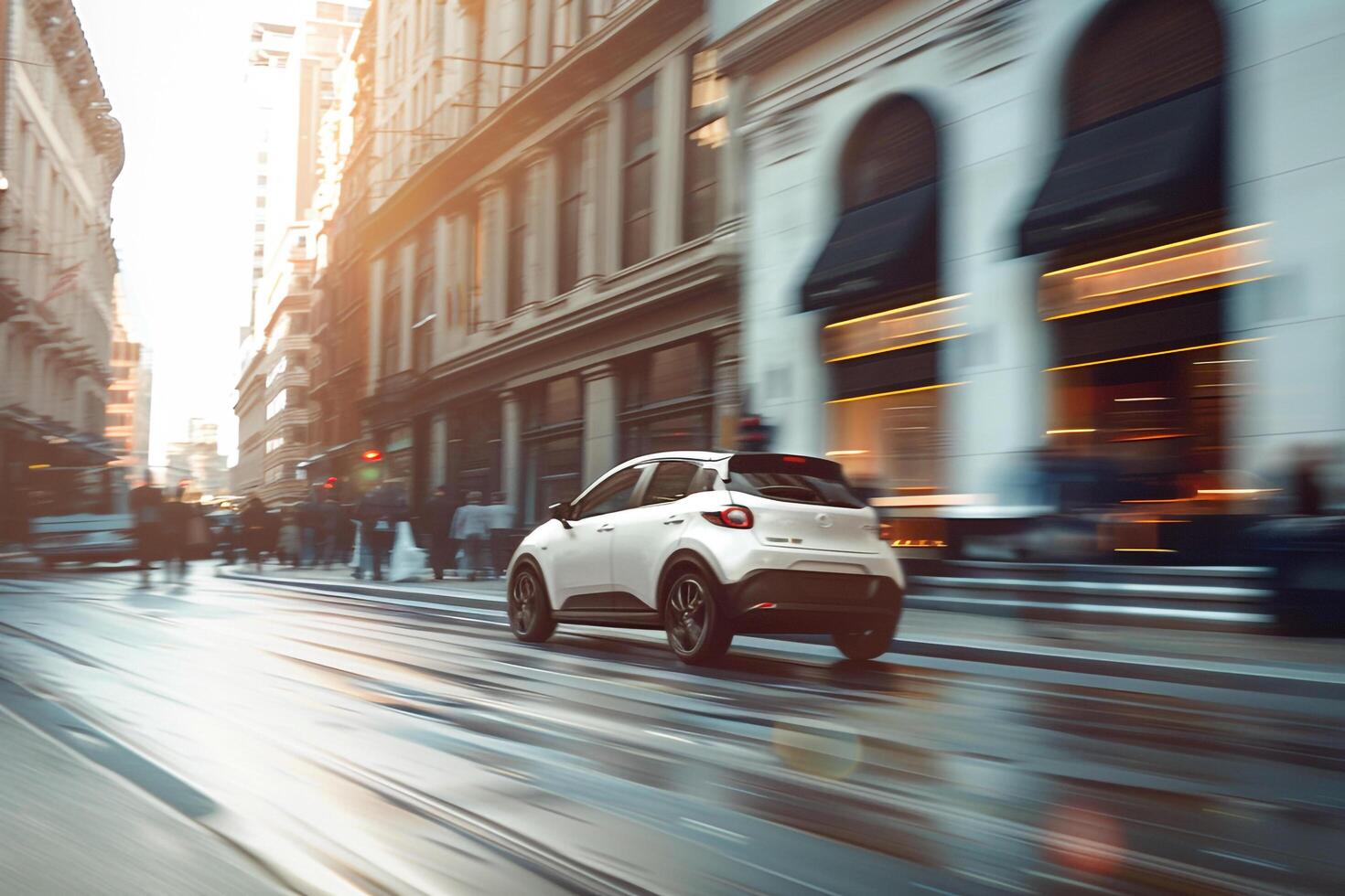 Urban Compact hybrid car driving through city street lined with contemporary architecture and pedestrians photo