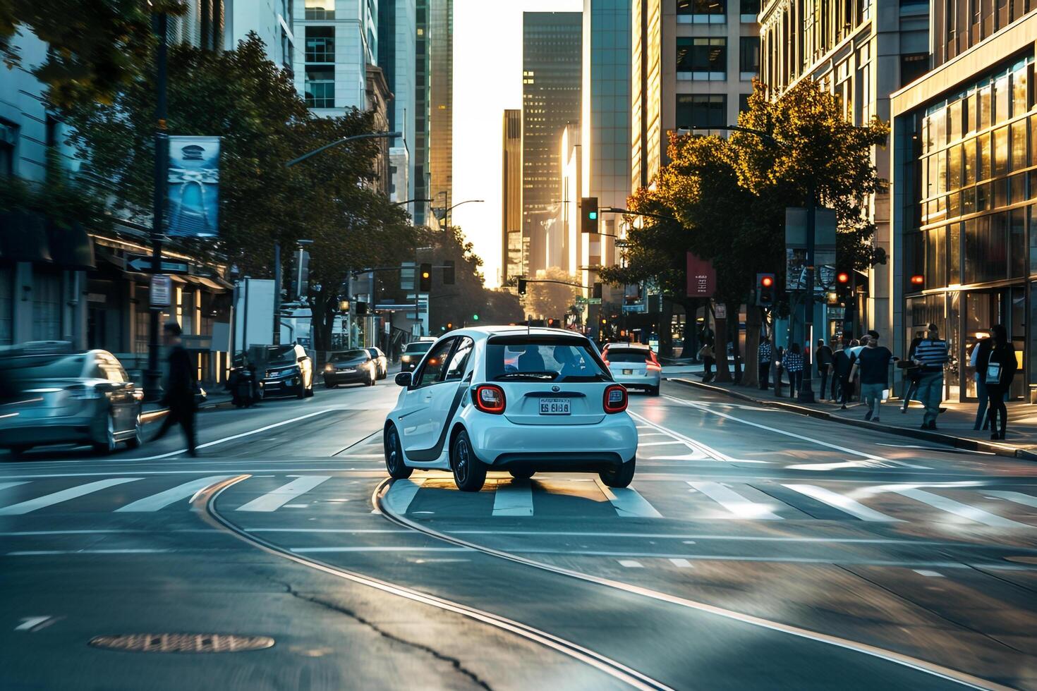 Urban Compact hybrid car driving through city street lined with contemporary architecture and pedestrians photo