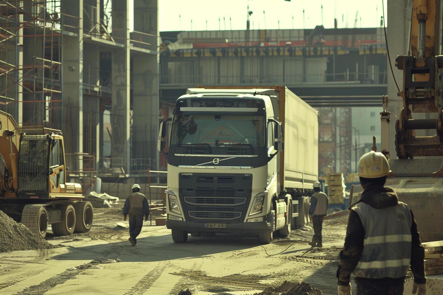 Utility Hybrid truck parked at construction site with workers in hard hats and heavy machinery showcasing its efficiency in an industrial setting photo
