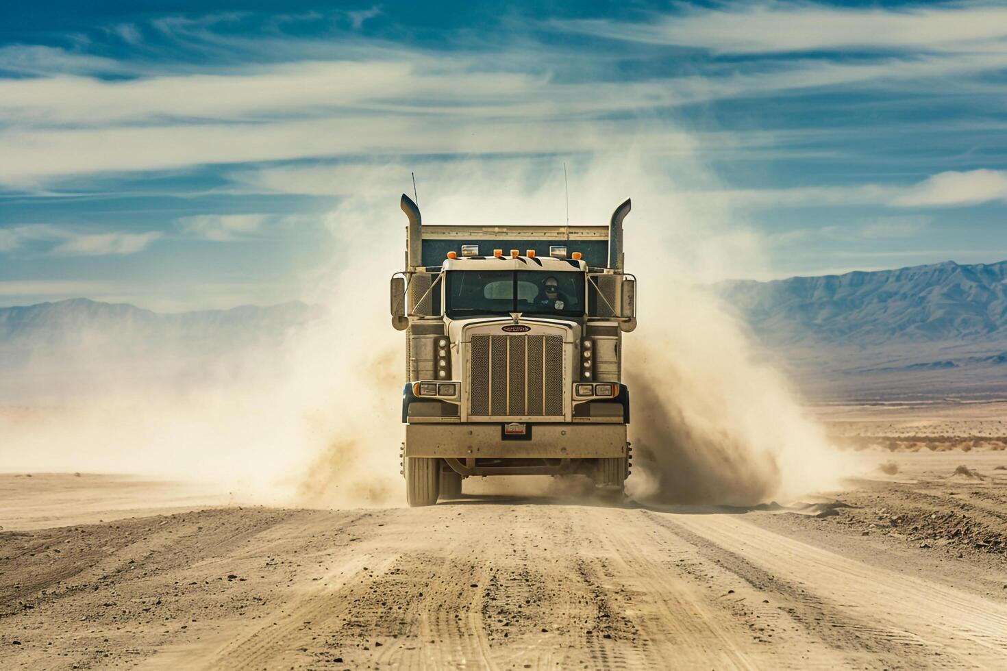 Utility Heavy duty truck driving on dusty desert road with vast expanse of sand dunes and clear blue sky photo
