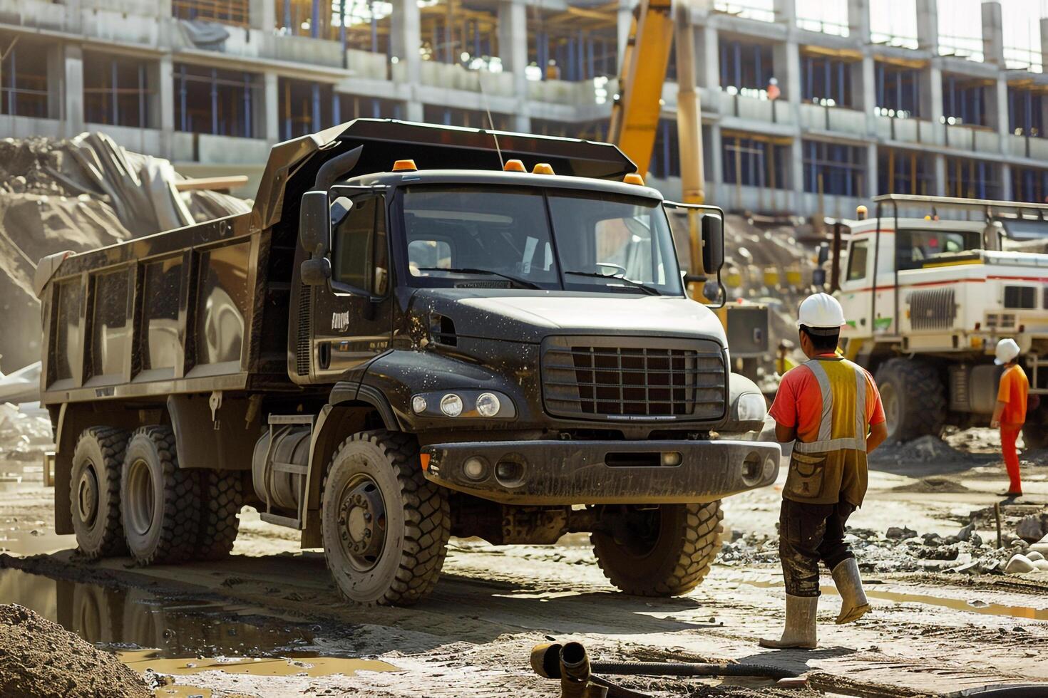 Utility Hybrid truck parked at construction site with workers in hard hats and heavy machinery showcasing its efficiency in an industrial setting photo