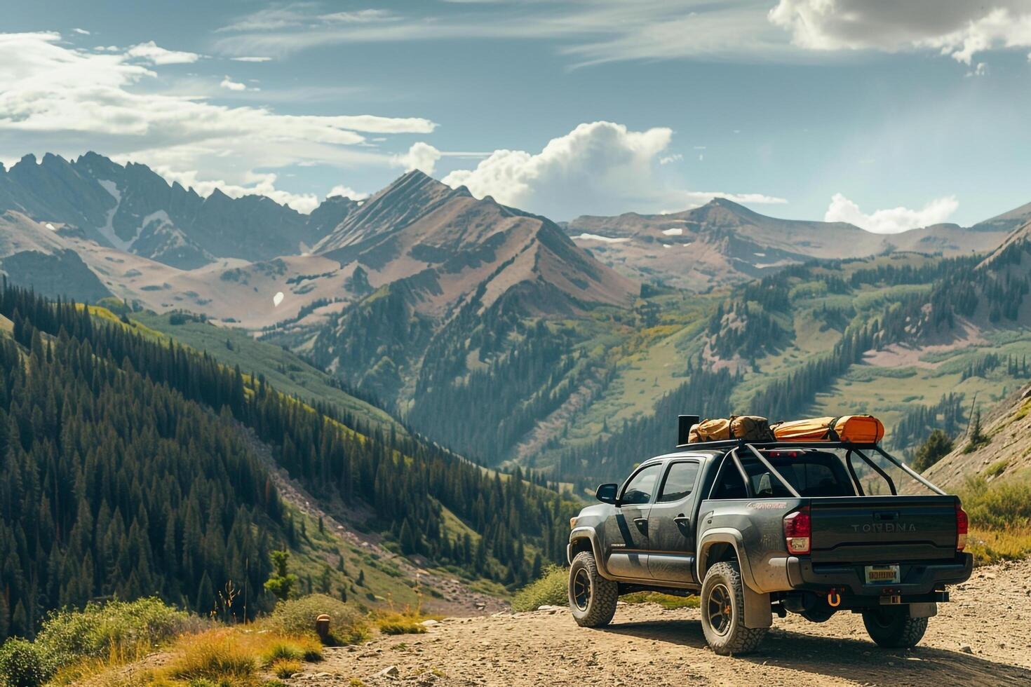 Utility Compact truck loaded with camping gear parked at scenic overlook with panoramics of mountain range photo