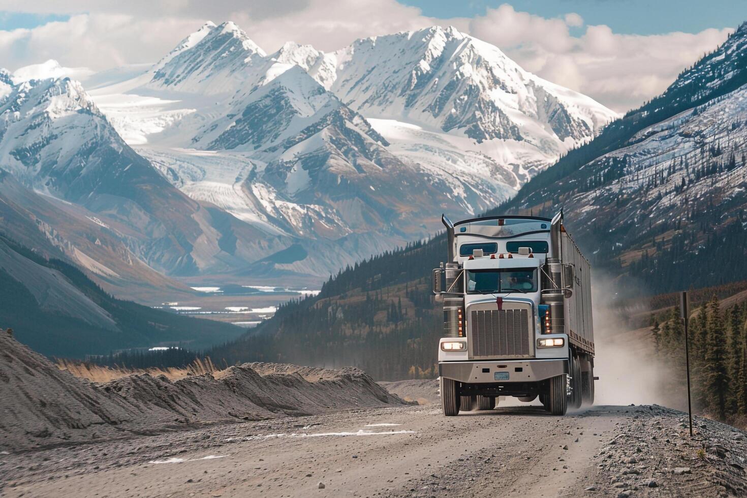 Utility Heavy duty truck driving along gravel road in mountain valley with snow capped peaks in the distance photo