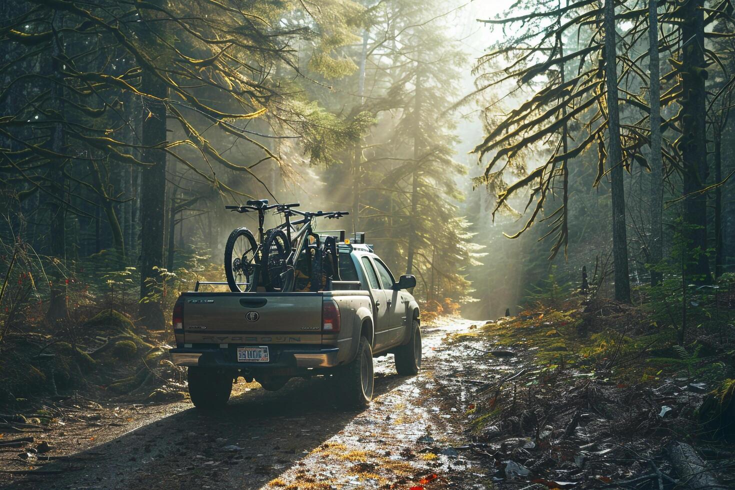 Utility Compact truck loaded with mountain bikes parked at trailhead in forested arewith sunlight filtering through the trees photo
