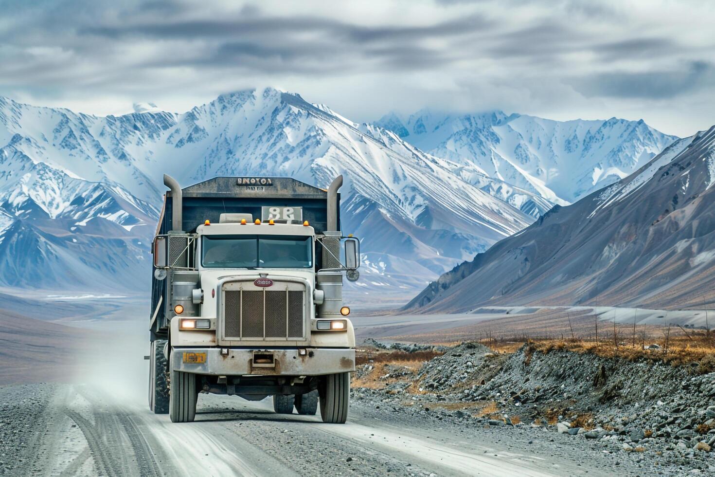 Utility Heavy duty truck driving along gravel road in mountain valley with snow capped peaks in the distance photo