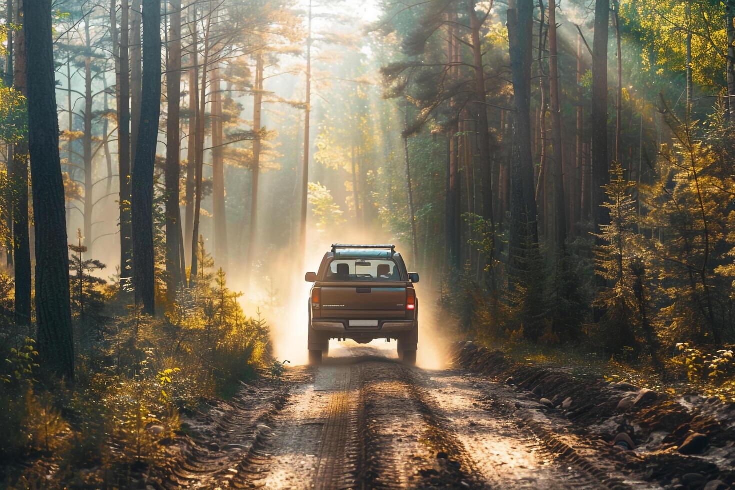 Utility Pickup truck driving on dirt road through dense forest with sunlight filtering through tall trees photo