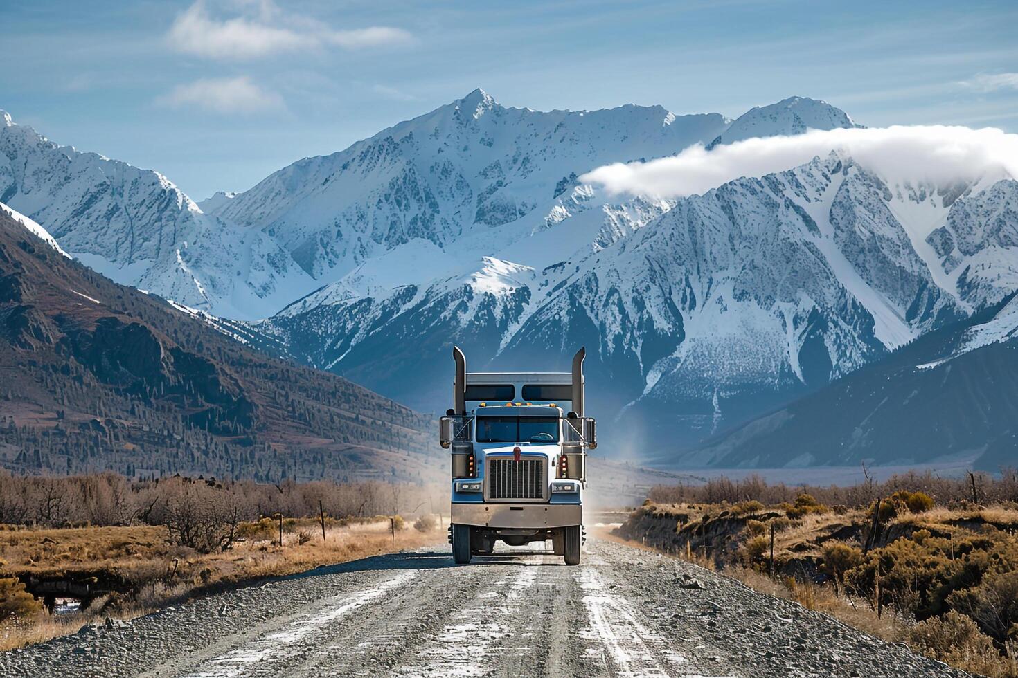 Utility Heavy duty truck driving along gravel road in mountain valley with snow capped peaks in the distance photo