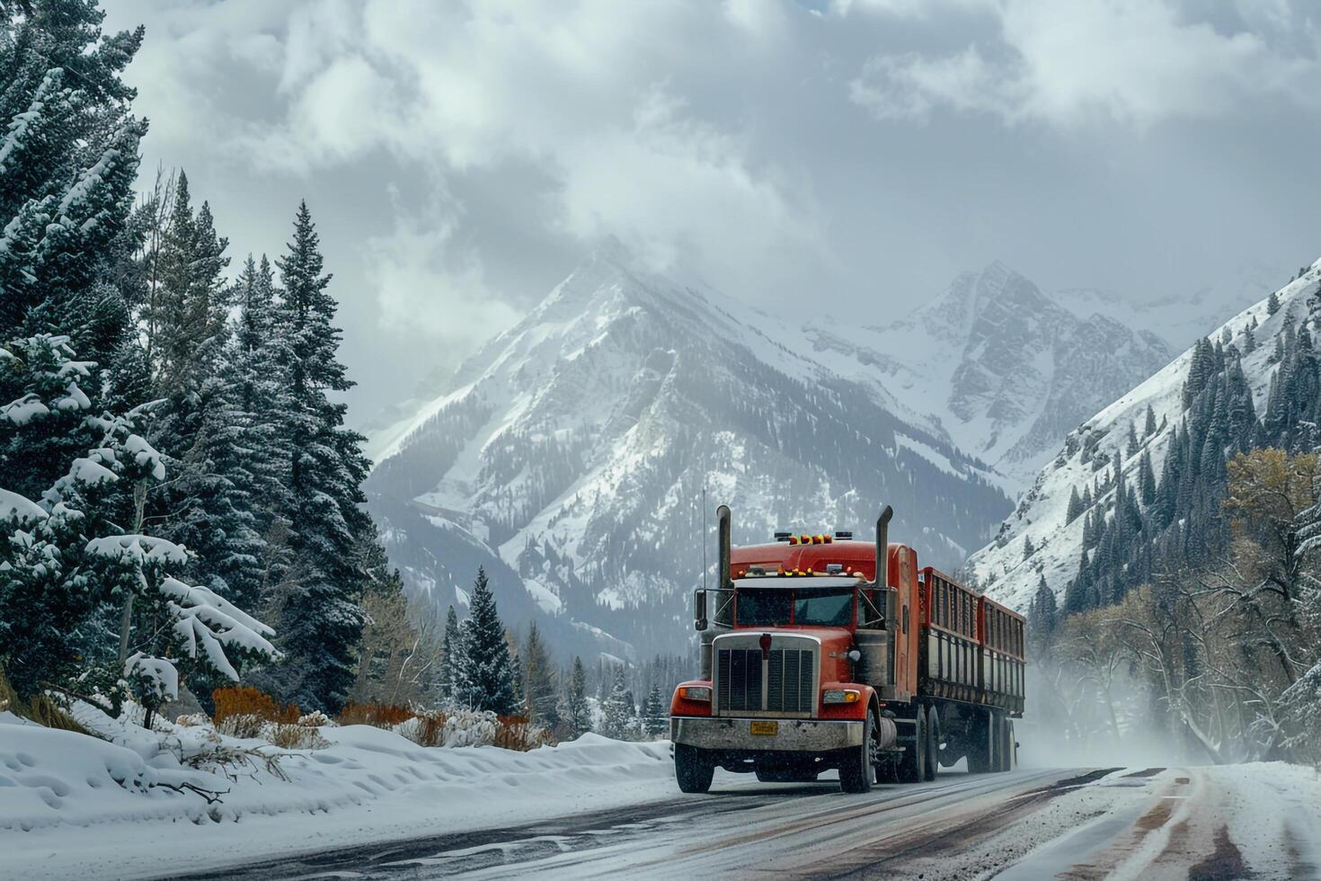 Utility Heavy duty truck hauling trailer through snowy mountain pass with pine forests and snow capped peaks photo