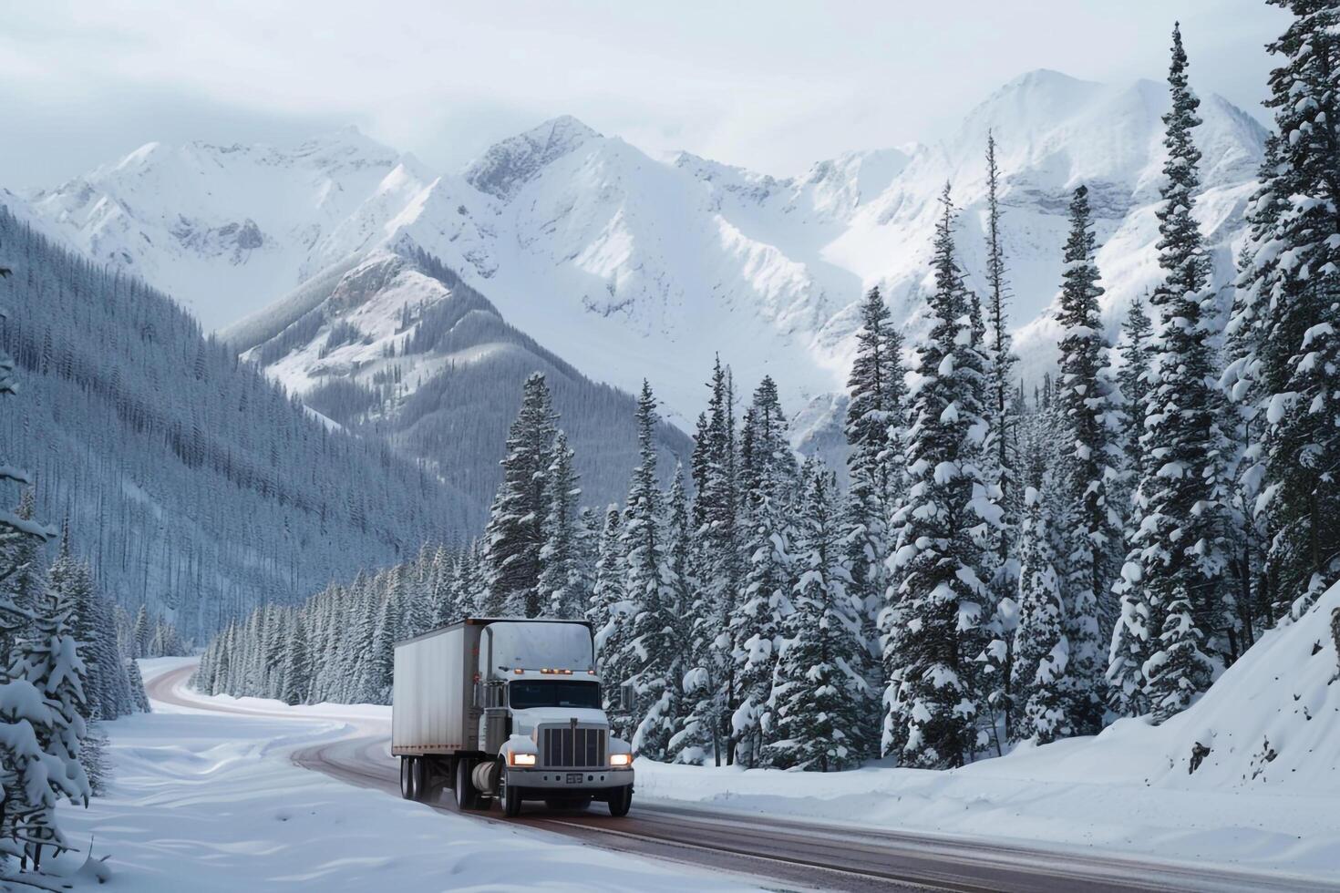 Utility Heavy duty truck hauling trailer through snowy mountain pass with pine forests and snow capped peaks photo
