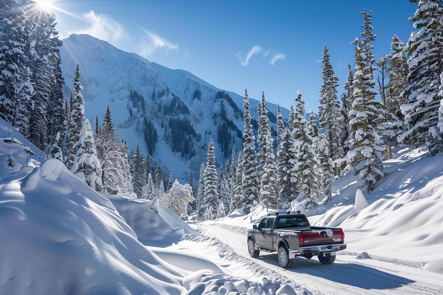 Utility Compact truck driving through snow covered mountain pass with pine trees laden with snow and clear blue sky photo