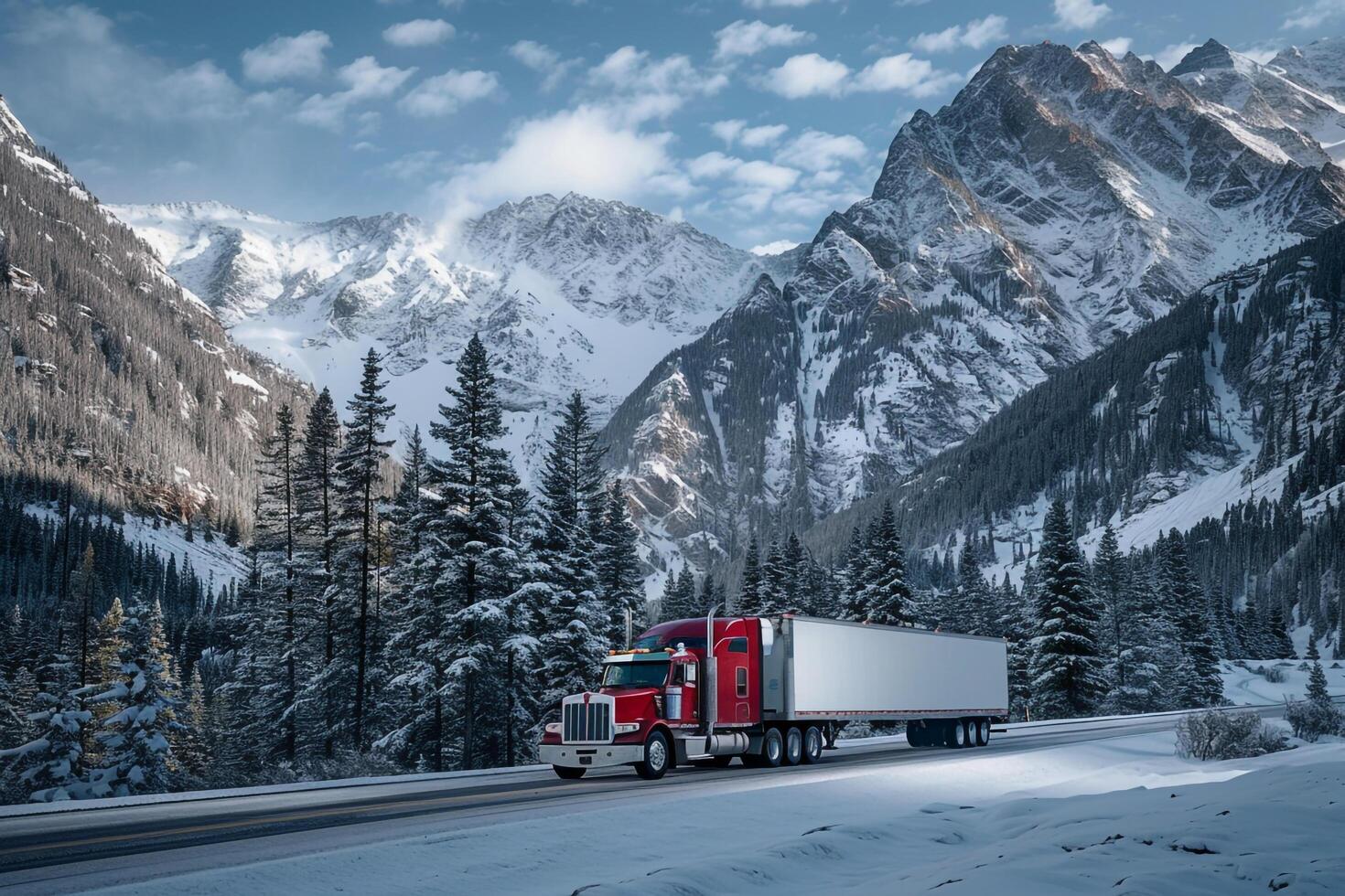 Utility Heavy duty truck hauling trailer through snowy mountain pass with pine forests and snow capped peaks photo