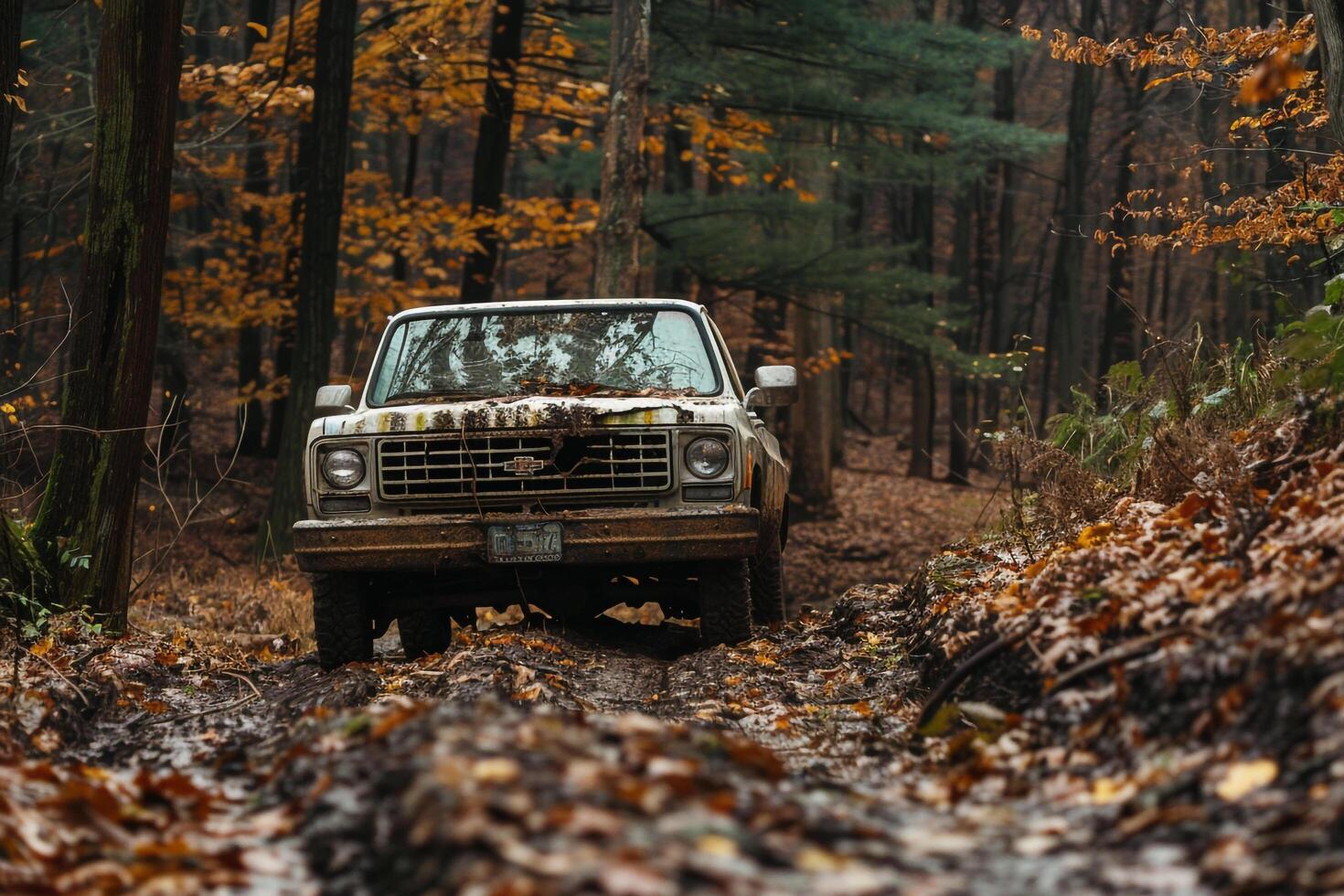 Utility Pickup truck driving through muddy forest trail with fallen leaves and dense foliage Background photo