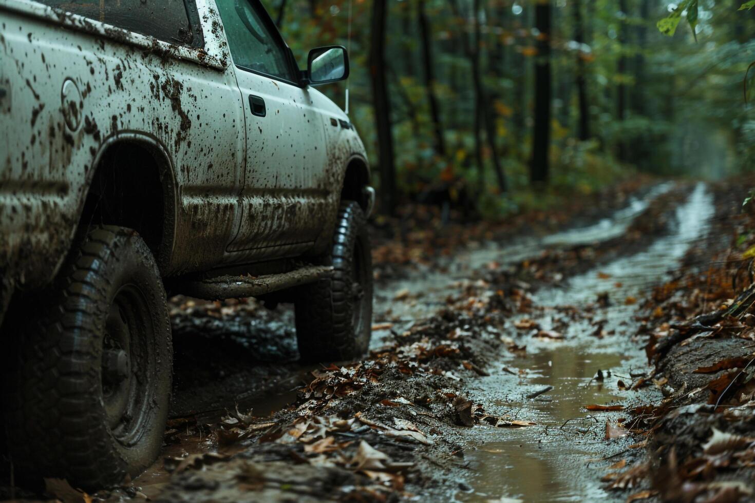 Utility Pickup truck driving through muddy forest trail with fallen leaves and dense foliage Background photo