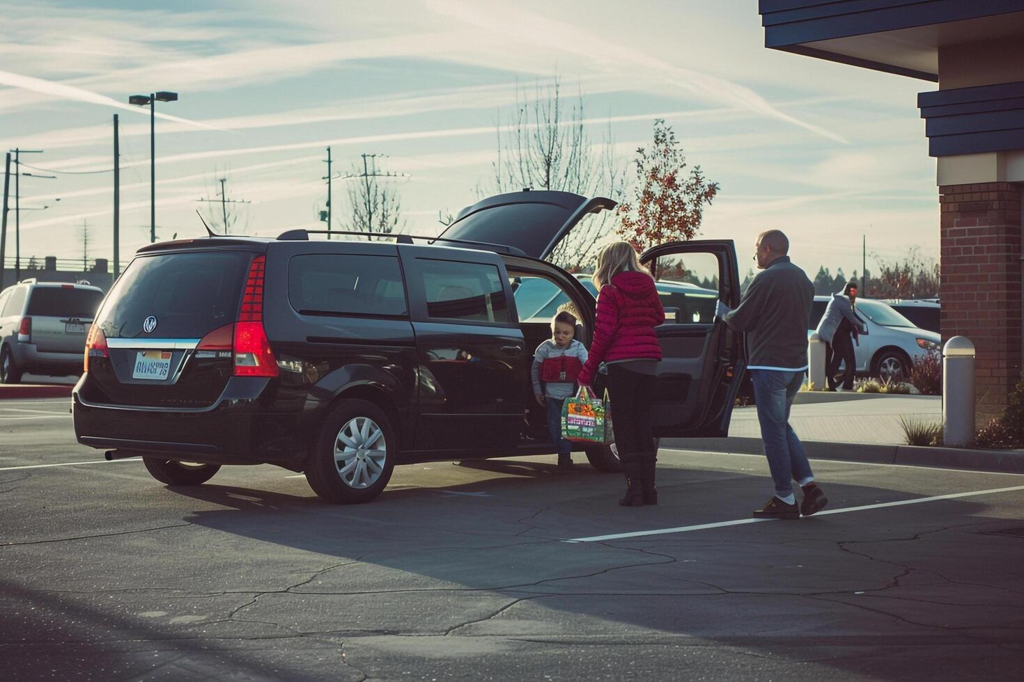 Versatility Family minivan parked at suburban shopping mall with parents loading groceries into the trunk and children getting into the back seats Background photo