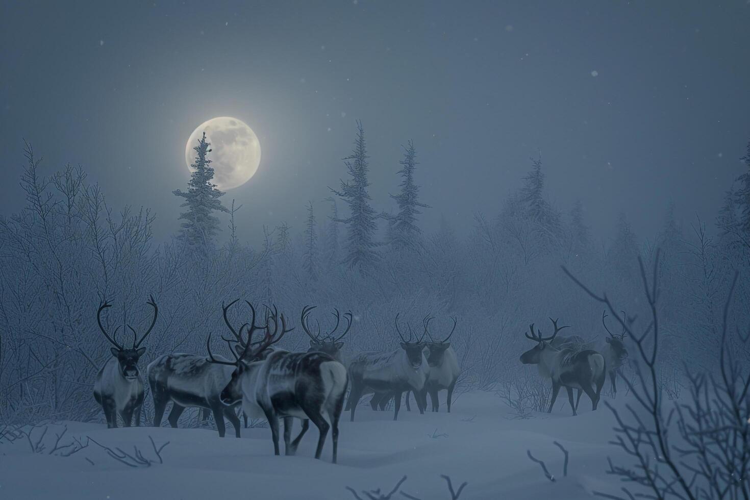 Abstract Curious Reindeer herd cautiously exploring newly fallen snowcovered Arctic forest under the  light of full moon with background photo