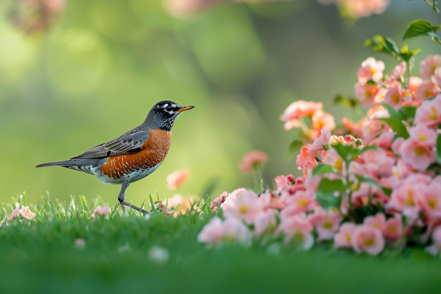 Avian Joyful American robin hopping energetically on green lawn scattered with spring blossoms with background photo