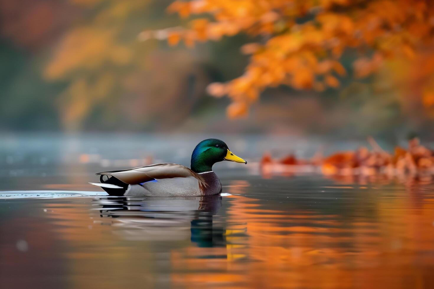 Mallard duck gliding smoothly across calm autumn lake with nature background photo