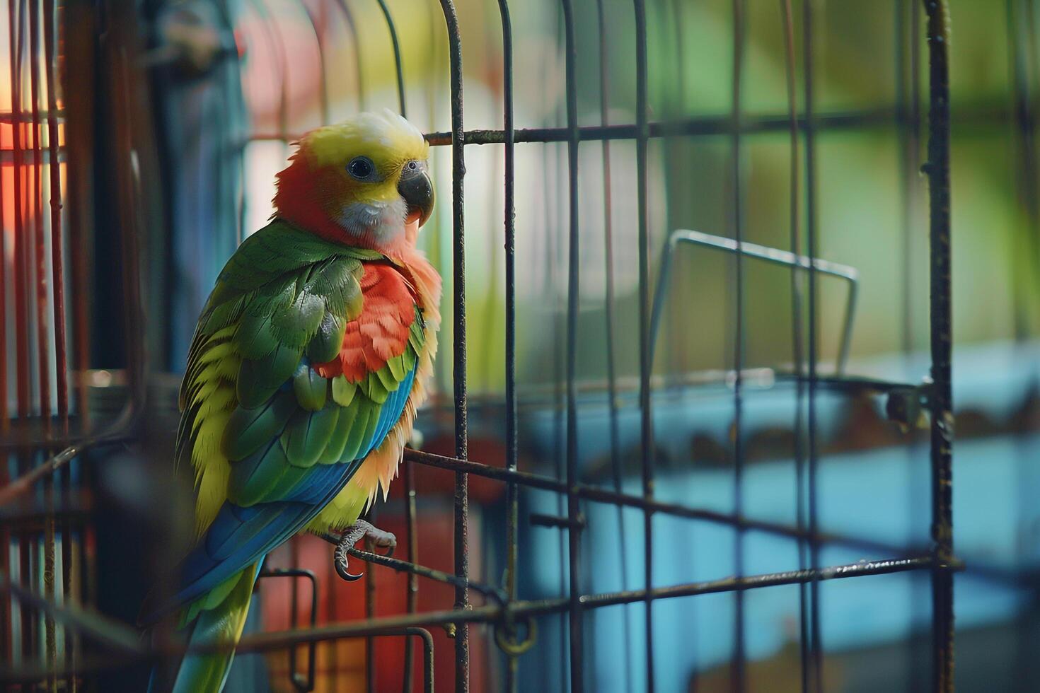 colorful parakeet peering out from its cage with nature background feathers fluffed up with inquisitiveness photo