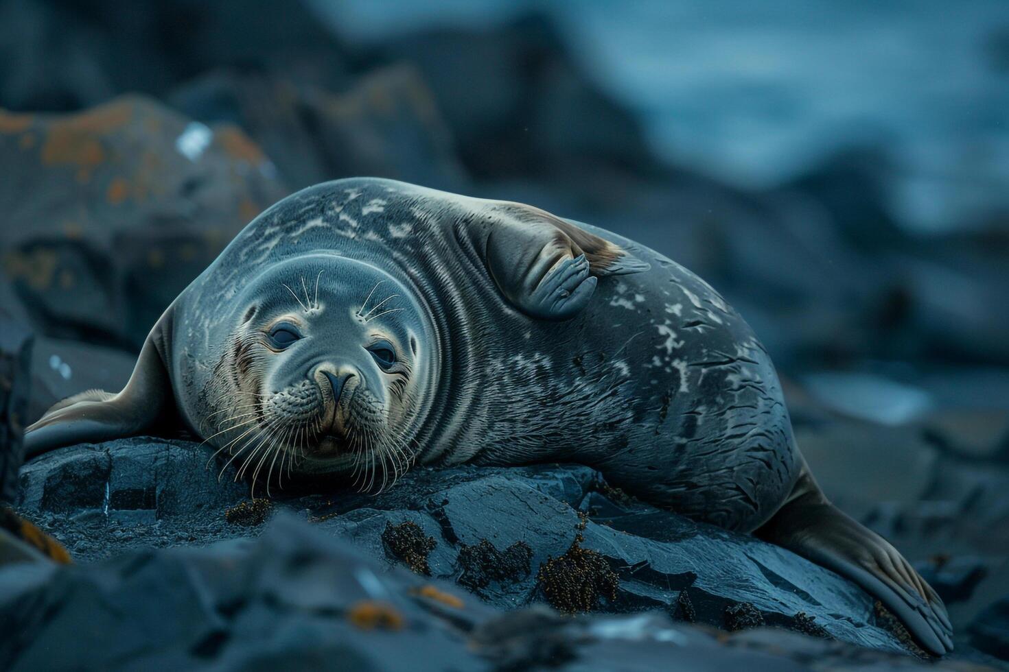 Curious Bearded seal lounging on rocky Arctic shore with nature background curiously observing its surroundings under the  Arctic twilight photo