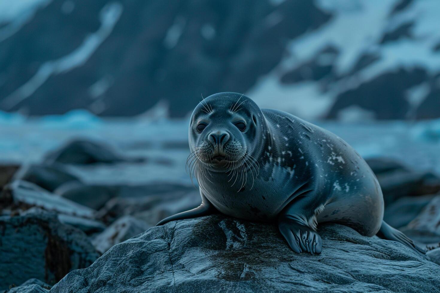 Curious Bearded seal lounging on rocky Arctic shore with nature background curiously observing its surroundings under the  Arctic twilight photo