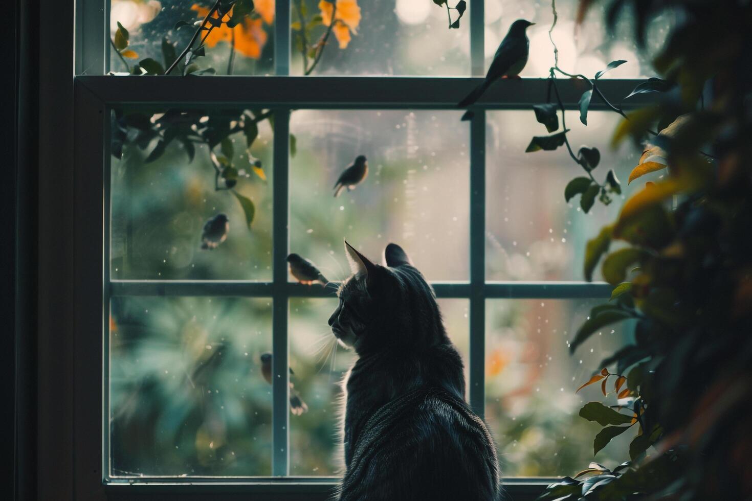 Curious tabby cat peering through window at birds in the garden with nature background photo