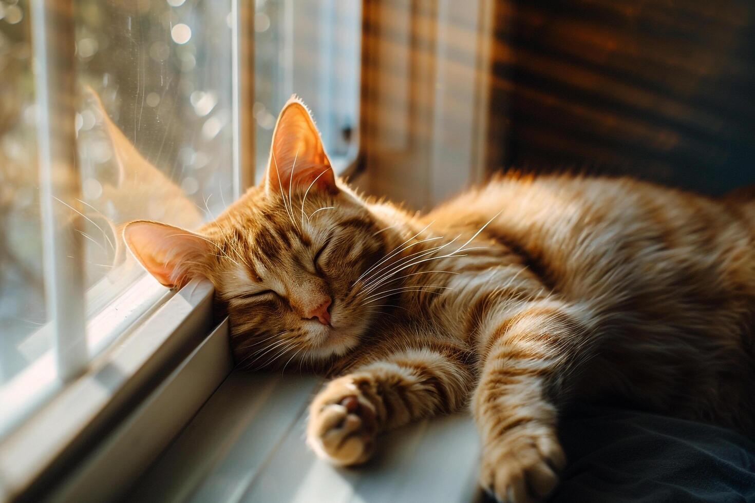 Relaxed Background An orange tabby cat sprawled lazily in sunbeam streaming through window eyes half closed in contentment photo