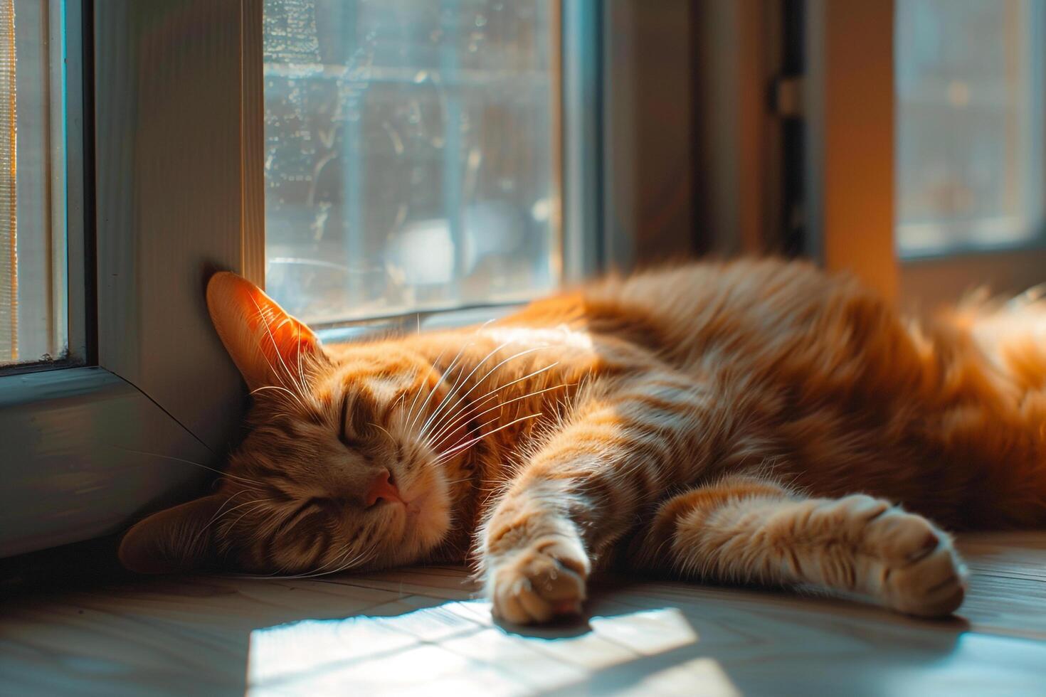 Relaxed Background An orange tabby cat sprawled lazily in sunbeam streaming through window eyes half closed in contentment photo