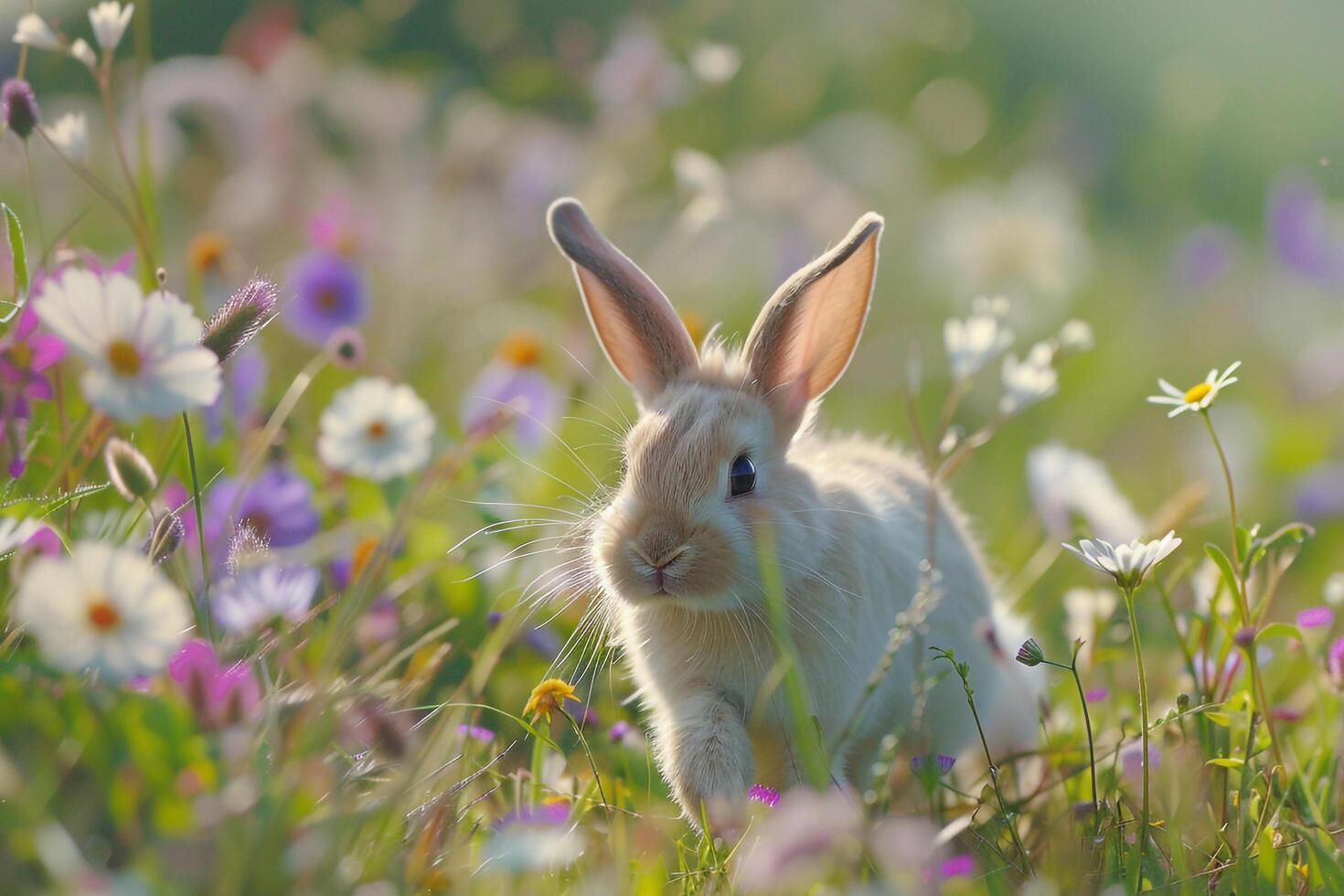 Playful Background Holland Lop rabbit hopping joyfully through meadow of wildflowers cotton tail bobbing in the breeze photo